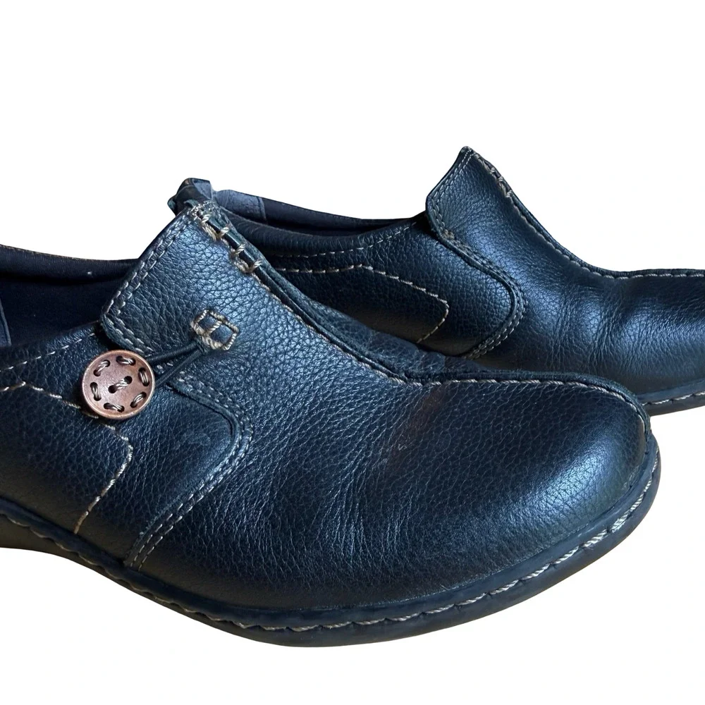 Clarks Womens Black Leather Un Loop Slip On Loafers Comfort Shoes Flats sz 9.5